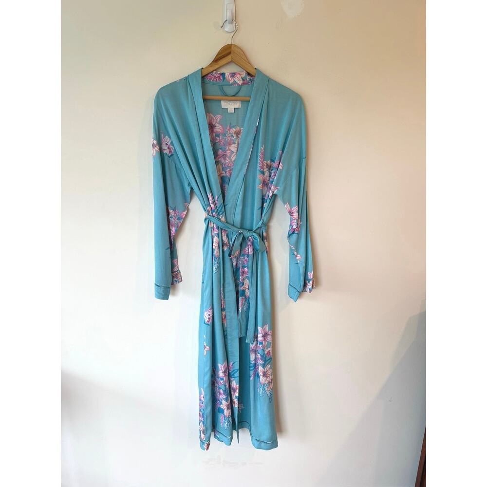 Nordstrom Lingerie Kimono Robe Women Size Large Blue Floral Long Sleeves Belted